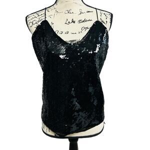Express Black Sequin Blouse Cropped Sleevelss Spaghetti Strap V-Neck Large Glam